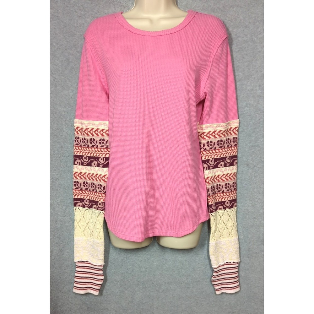 New Free People We The Free All In Cuff Top L Pink Waffle Thermal Boho Laid Back - Picture 2 of 8